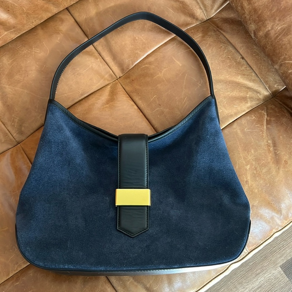 J. Crew Navy Suede Shoulder Bag with Black Strap and Gold Accent
